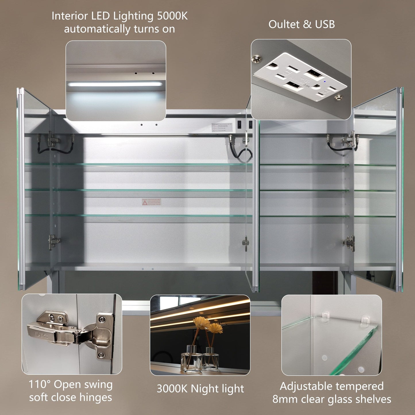 Forclover 48-in x 32-in Lighted LED Fog Free Surface Mount Silver Mirrored Soft Close Medicine Cabinet with Outlet