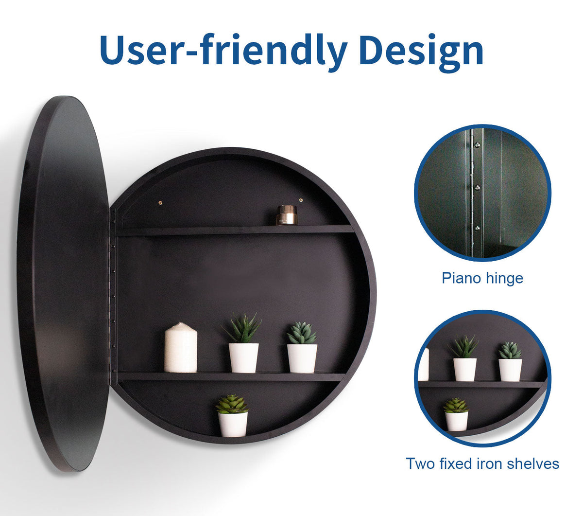 AAZJ 24-in x 24-in Surface/Recessed Mount Powder Coated Mirrored Round Soft Close Medicine Cabinet