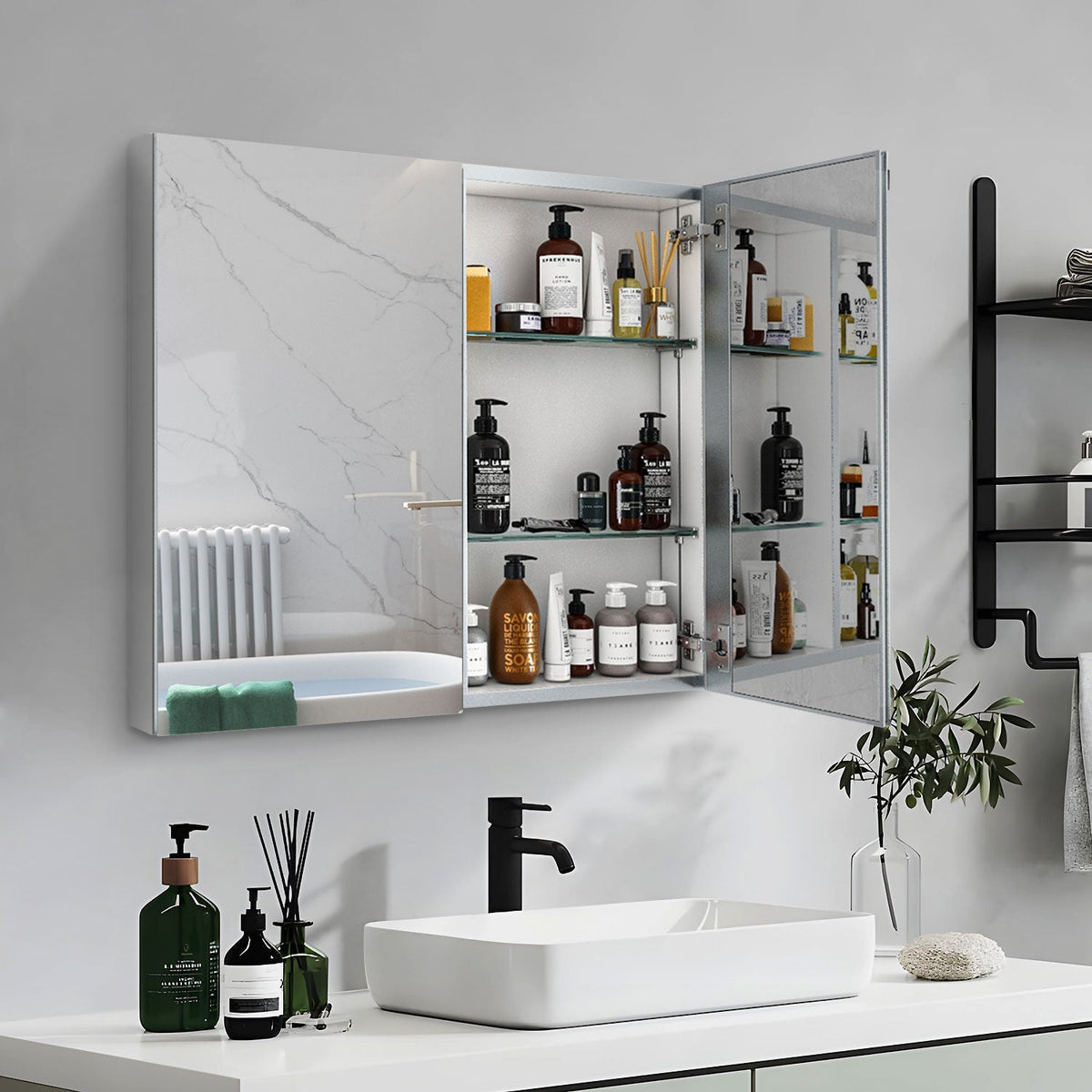 AAZJ 30-in x 26-in Surface/Recessed Mount Silver Mirrored Soft Close Medicine Cabinet