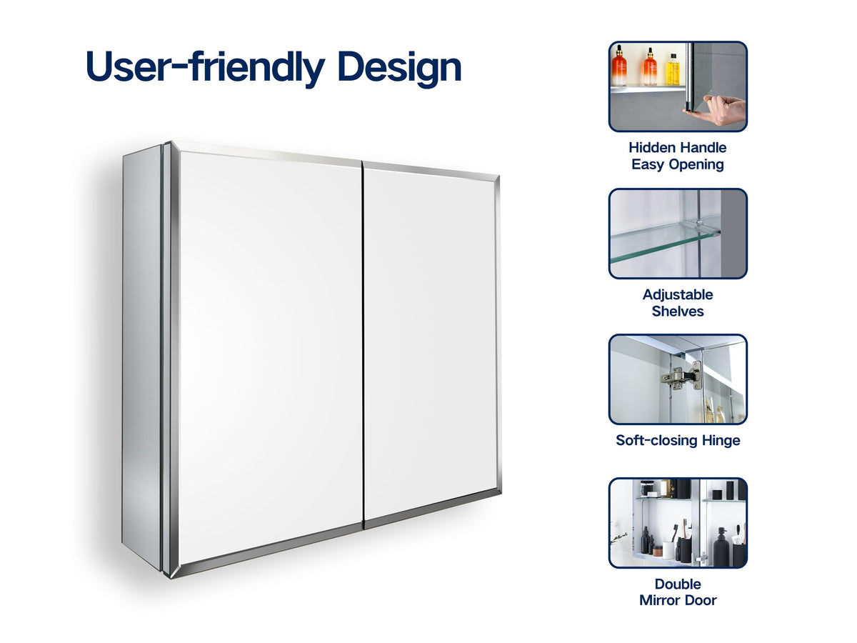 AAZJ 30-in x 26-in Surface/Recessed Mount Silver Mirrored Soft Close Medicine Cabinet