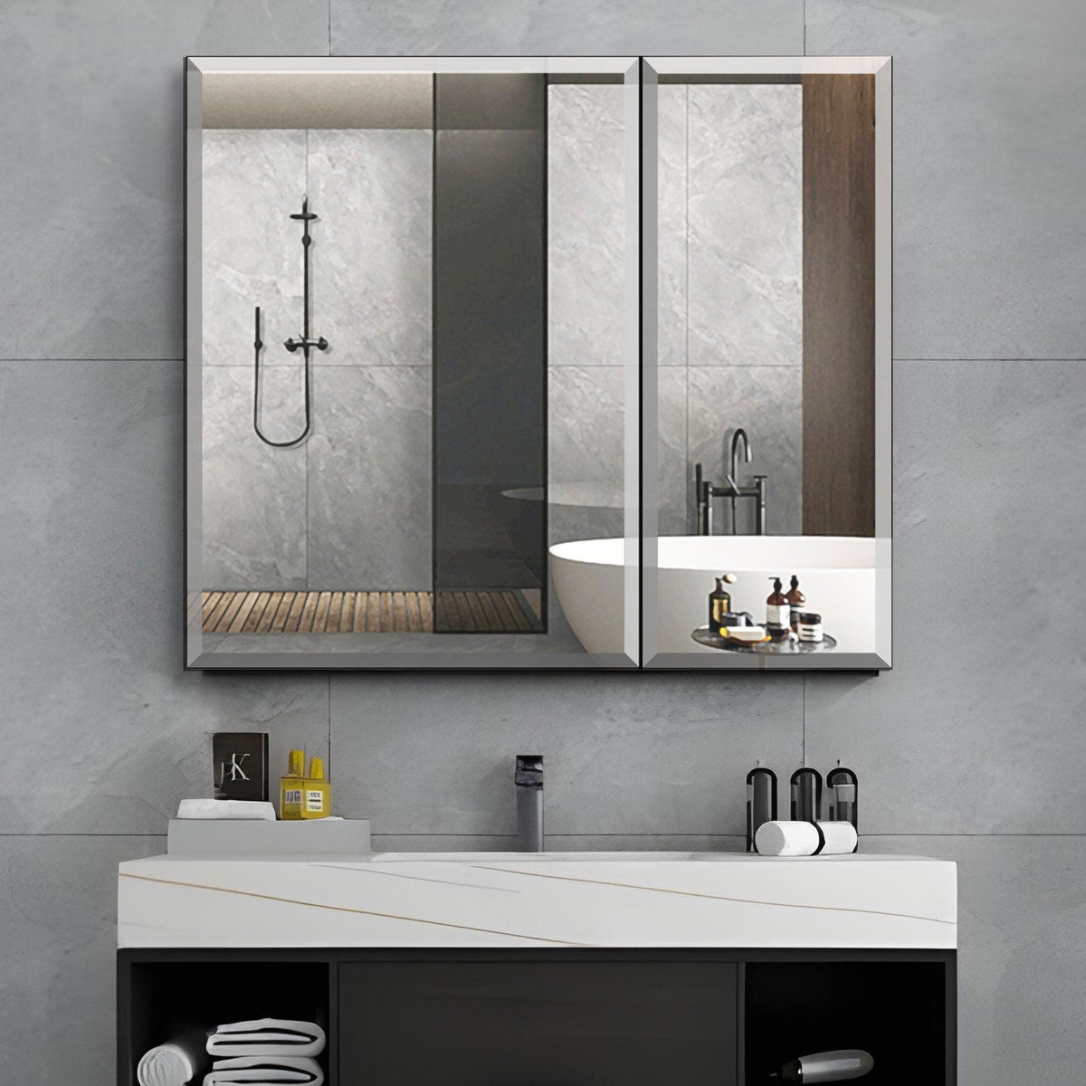 AAZJ 30-in x 26-in Surface/Recessed Mount Silver Mirrored Soft Close Medicine Cabinet