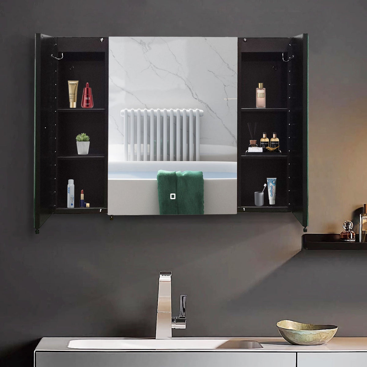 AAZJ AS 30-in x 26-in Lighted LED Fog Free Surface/Recessed Mount Black Mirrored Soft Close Medicine Cabinet