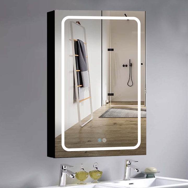 AAZJ 30-in x 20-in LED Fog Free Surface/Recessed Mount Black Mirrored Soft Close Medicine Cabinet