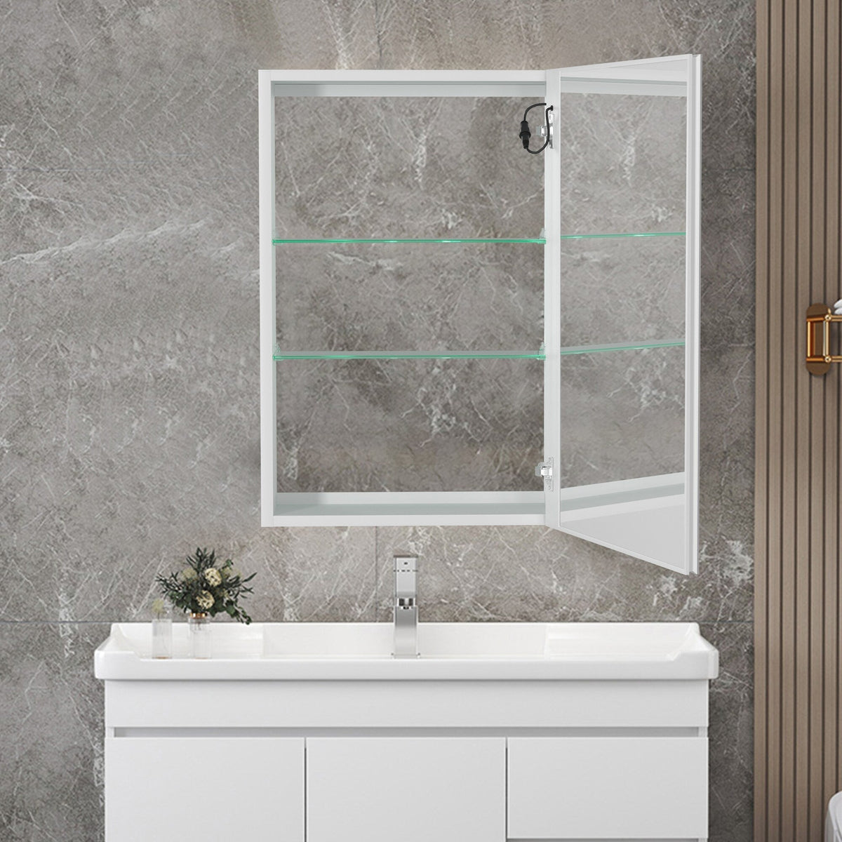AAZJ 30-in x 20-in LED Fog Free Surface/Recessed Mount White Mirrored Soft Close Medicine Cabinet