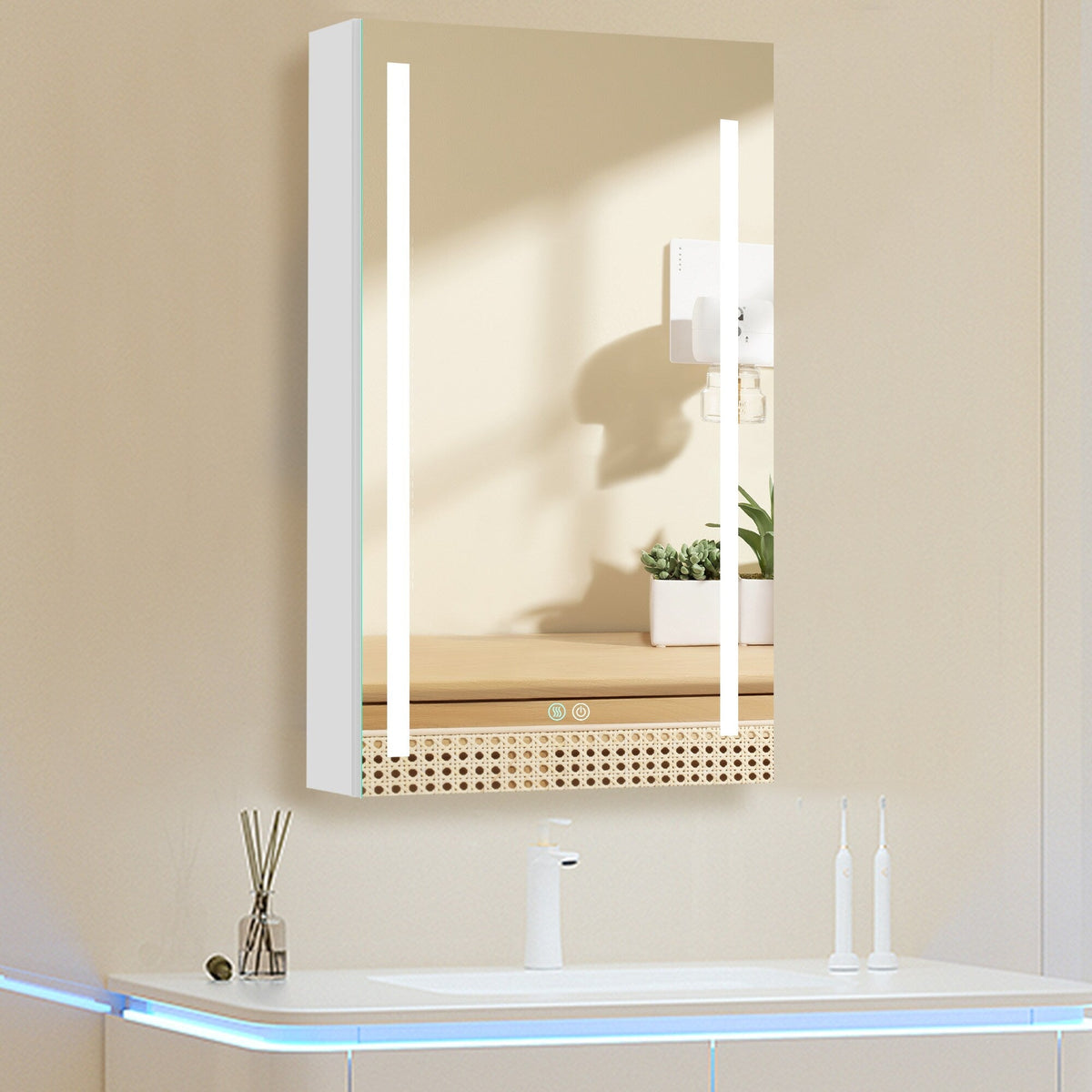 AAZJ 30-in x 20-in LED Fog Free Surface/Recessed Mount White Mirrored Soft Close Medicine Cabinet