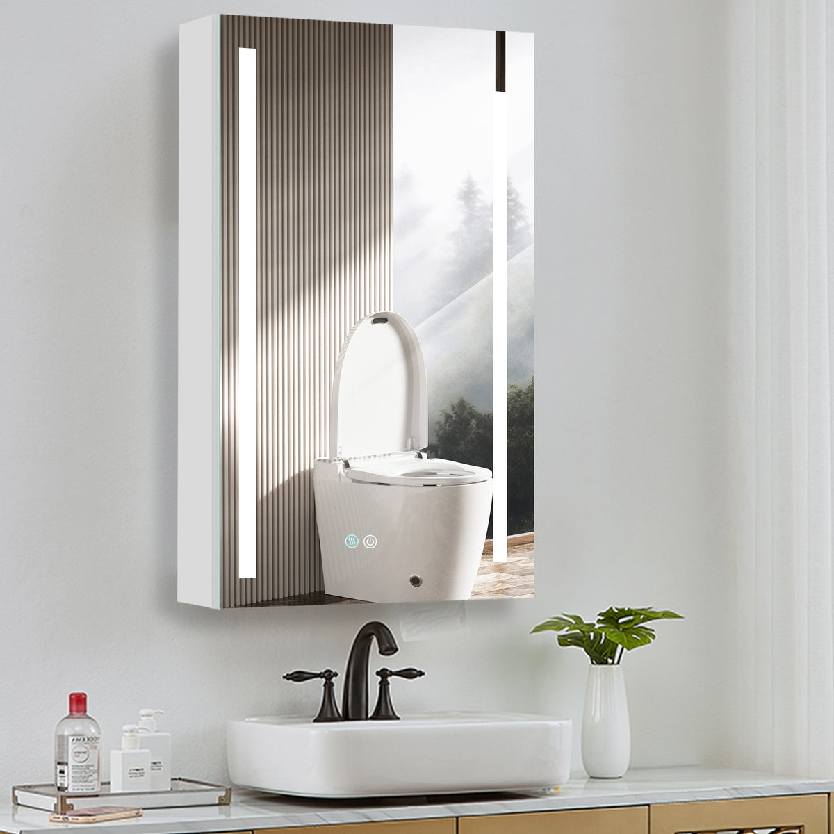 AAZJ 30-in x 20-in LED Fog Free Surface/Recessed Mount White Mirrored Soft Close Medicine Cabinet