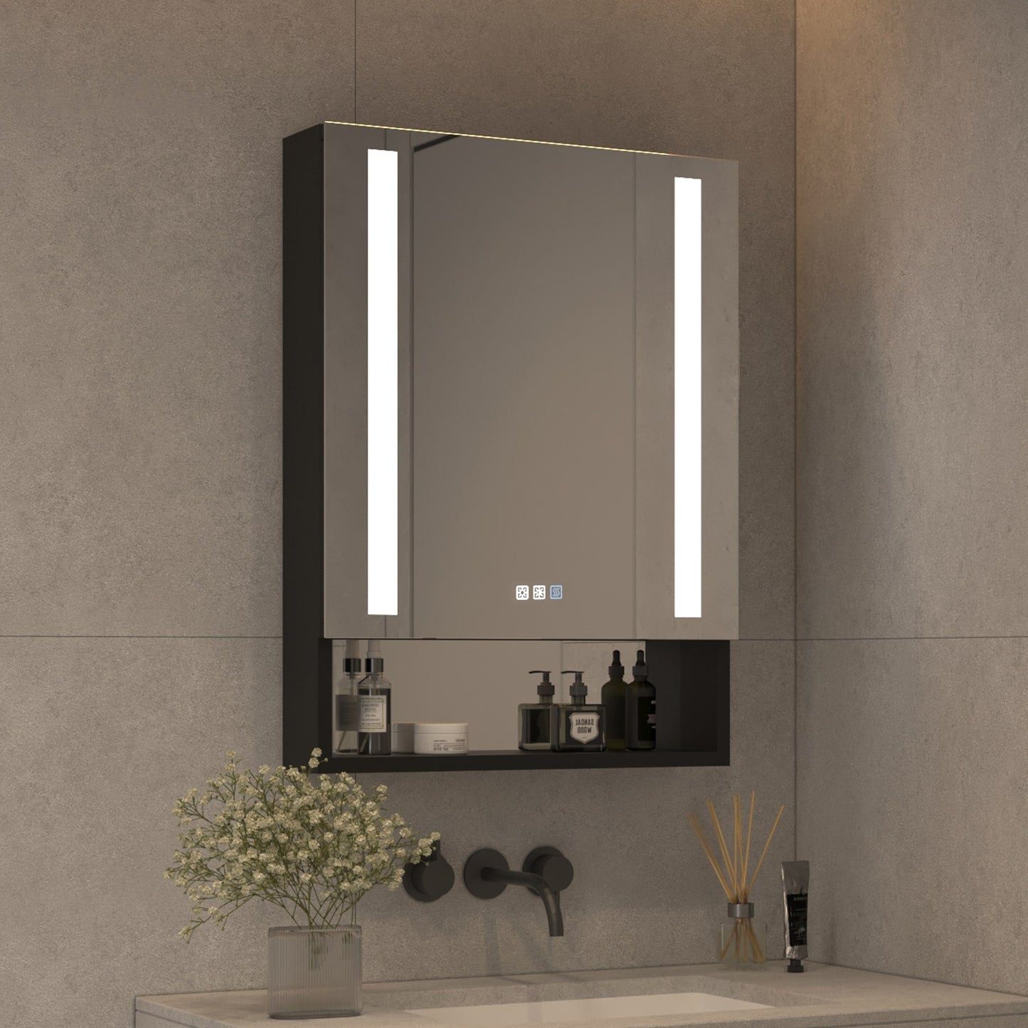 Forclover 24-in x 32-in Lighted LED Fog Free Surface/Recessed Mount Black Mirrored Soft Close Medicine Cabinet with Outlet