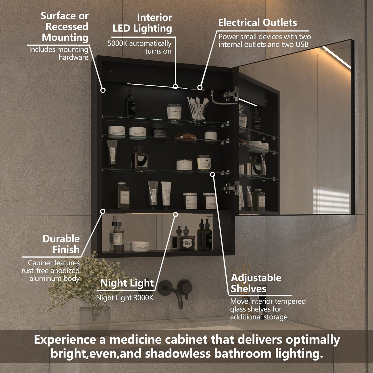 Forclover 24-in x 32-in Lighted LED Fog Free Surface/Recessed Mount Black Mirrored Soft Close Medicine Cabinet with Outlet