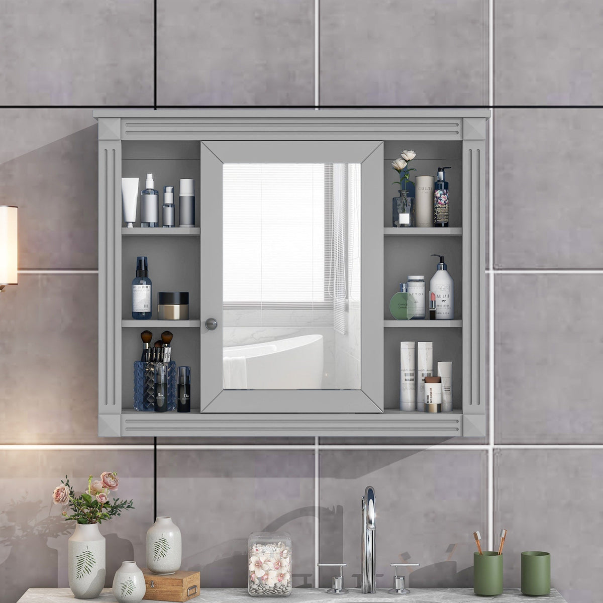 AAZJ CMR 35-in x 28-in Surface Mount Gray Mirrored Soft Close Medicine Cabinet