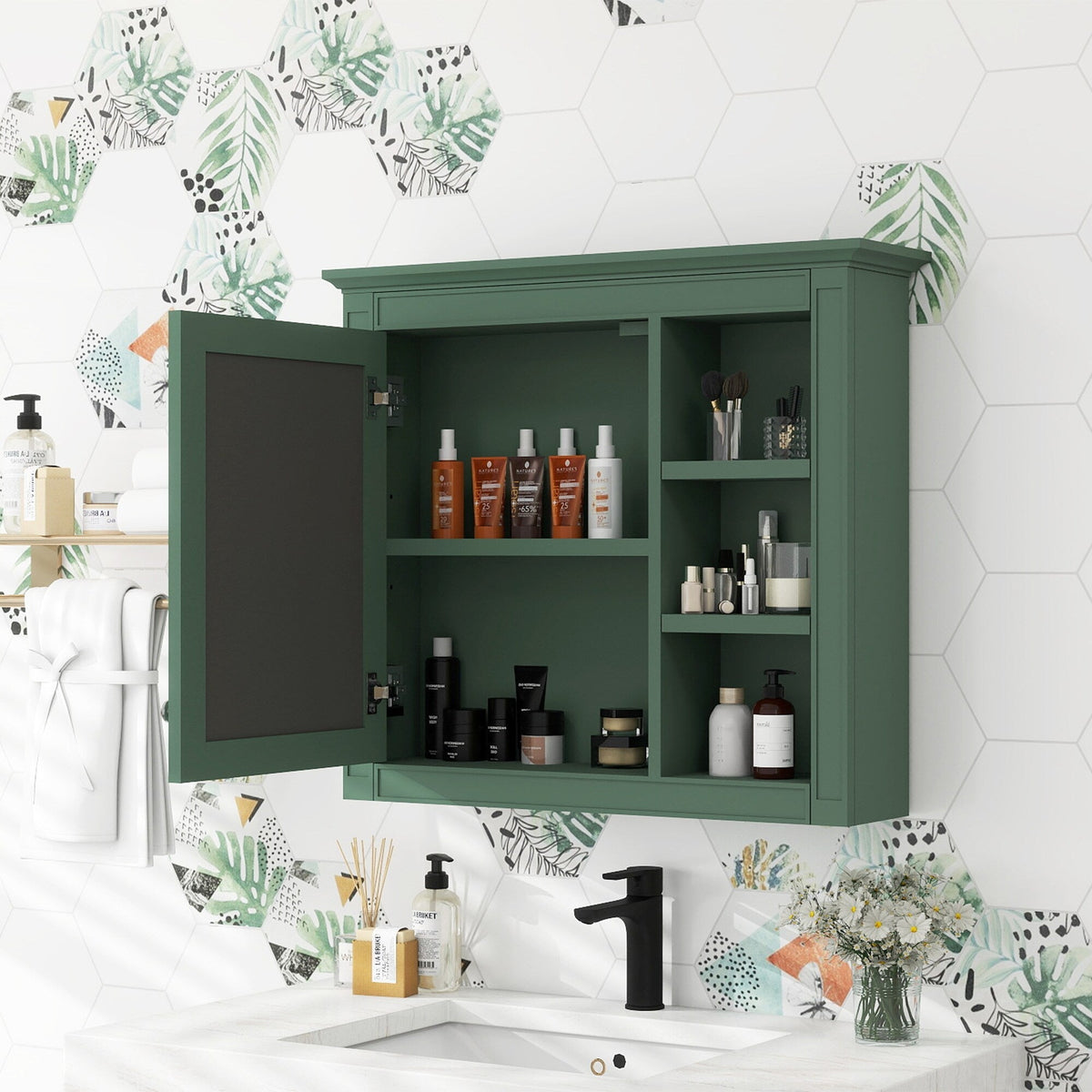 AAZJ 30-in x 28-in Surface Mount Green Mirrored Soft Close Medicine Cabinet