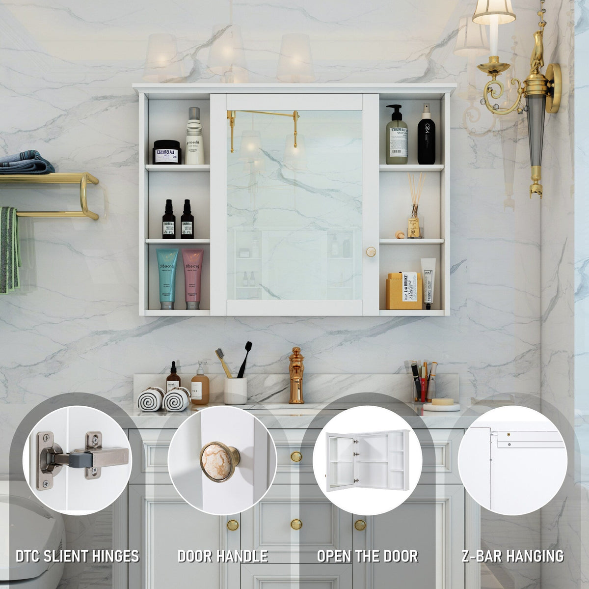 Forclover 42-in x 30-in Surface Mount White Mirrored Soft Close Medicine Cabinet