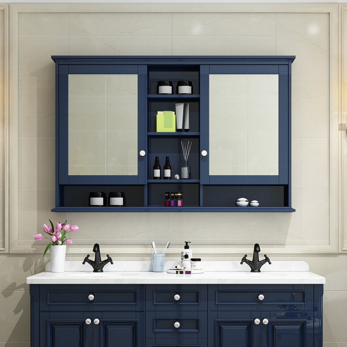 Forclover 55-in x 35-in Surface Mount Navy Mirrored Soft Close Medicine Cabinet