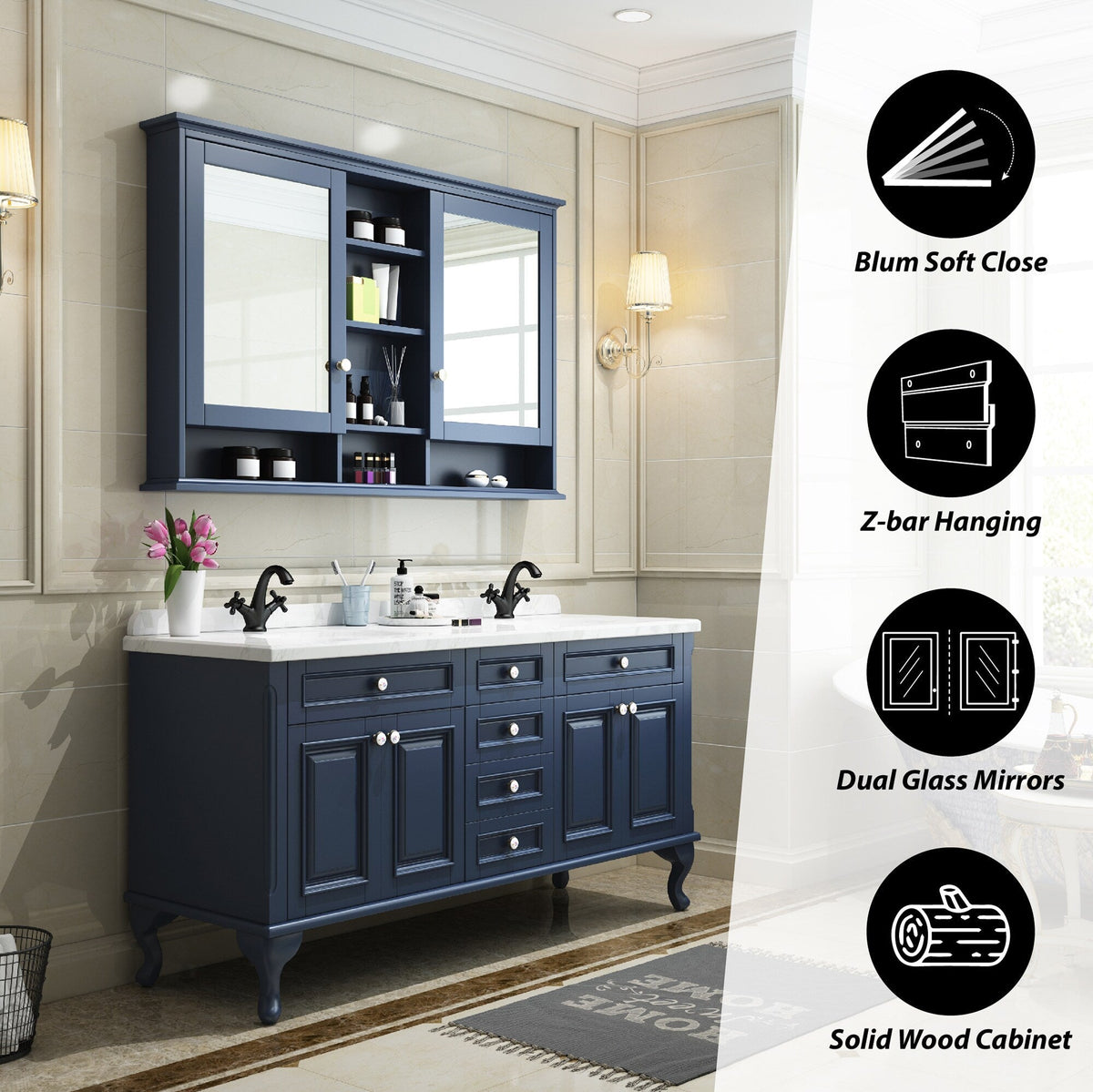 Forclover 55-in x 35-in Surface Mount Navy Mirrored Soft Close Medicine Cabinet