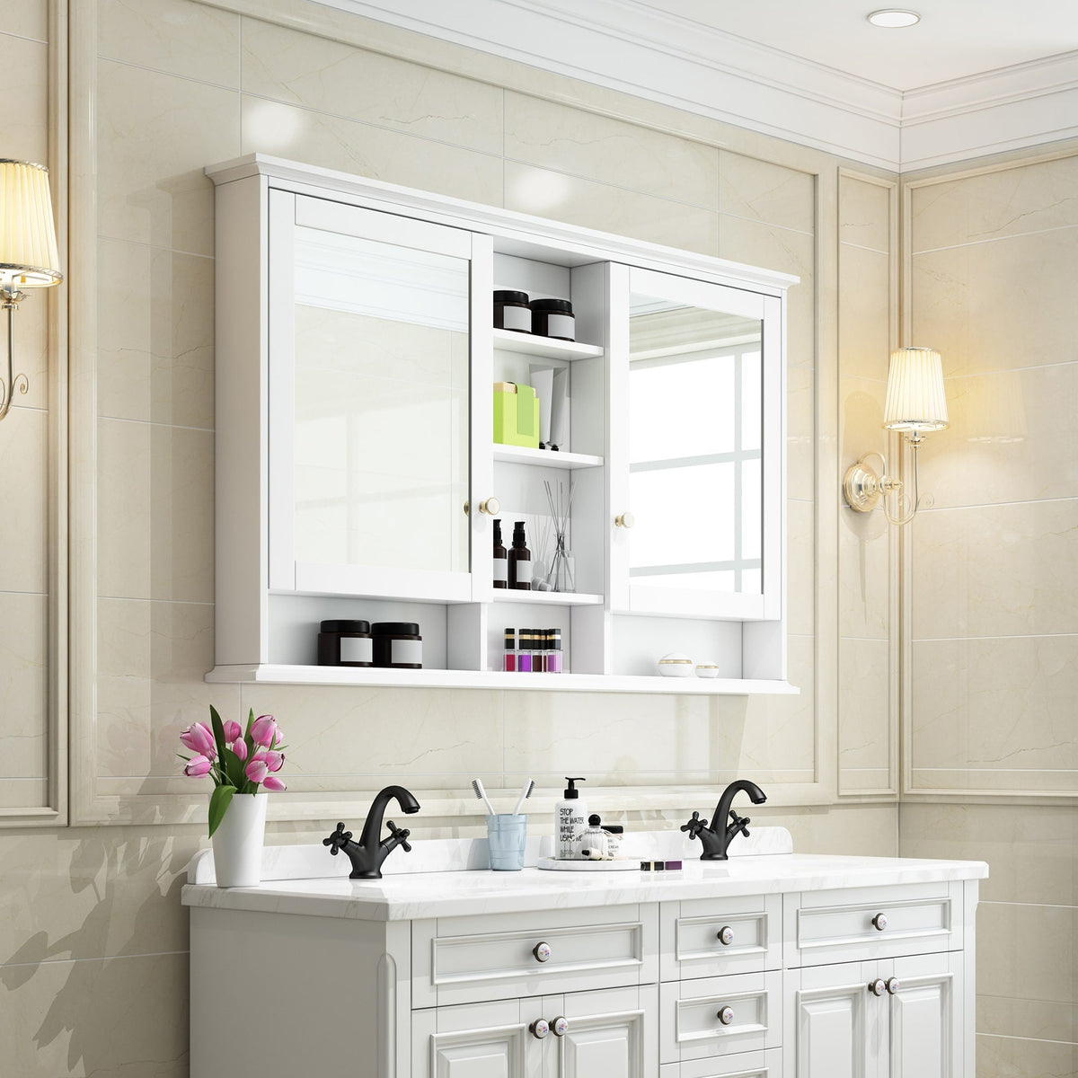 Forclover 55-in x 35-in Surface Mount White Mirrored Soft Close Medicine Cabinet