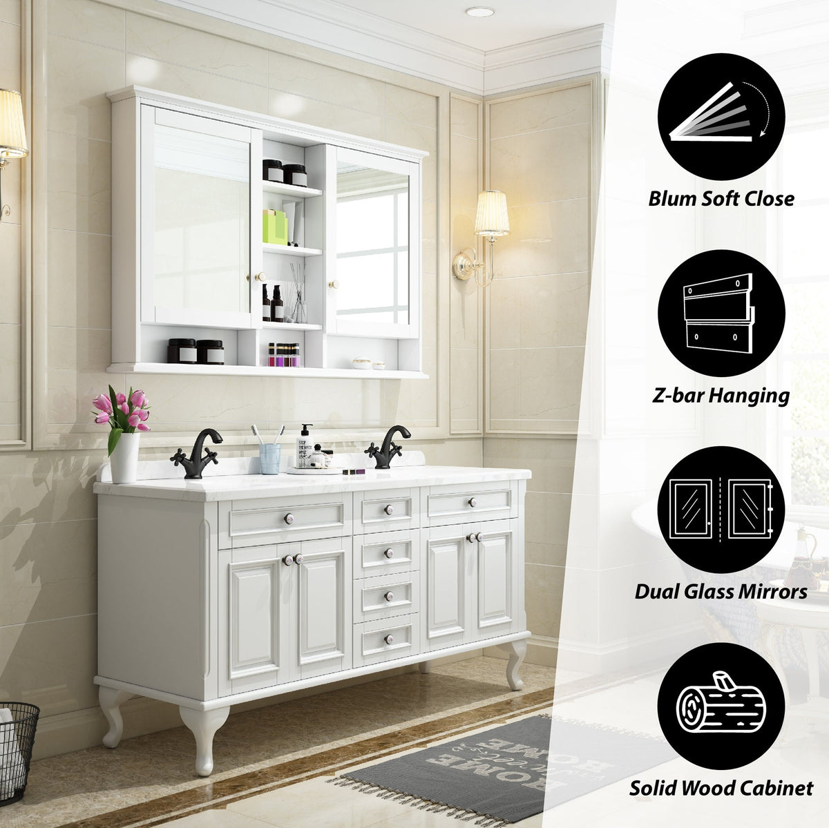 Forclover 55-in x 35-in Surface Mount White Mirrored Soft Close Medicine Cabinet