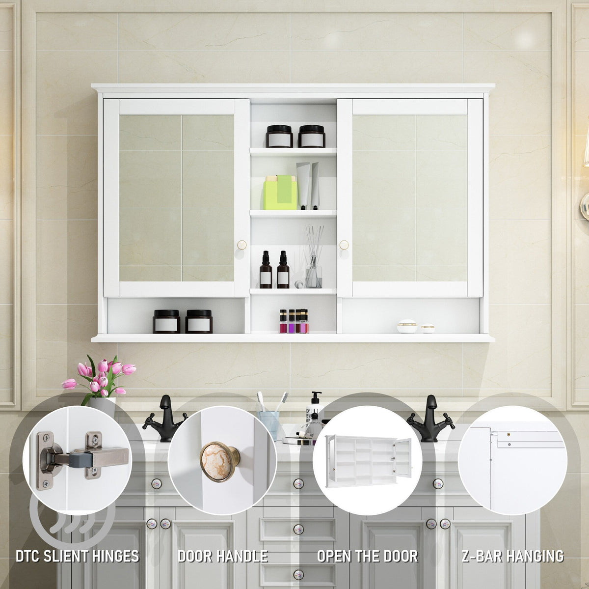 Forclover 55-in x 35-in Surface Mount White Mirrored Soft Close Medicine Cabinet
