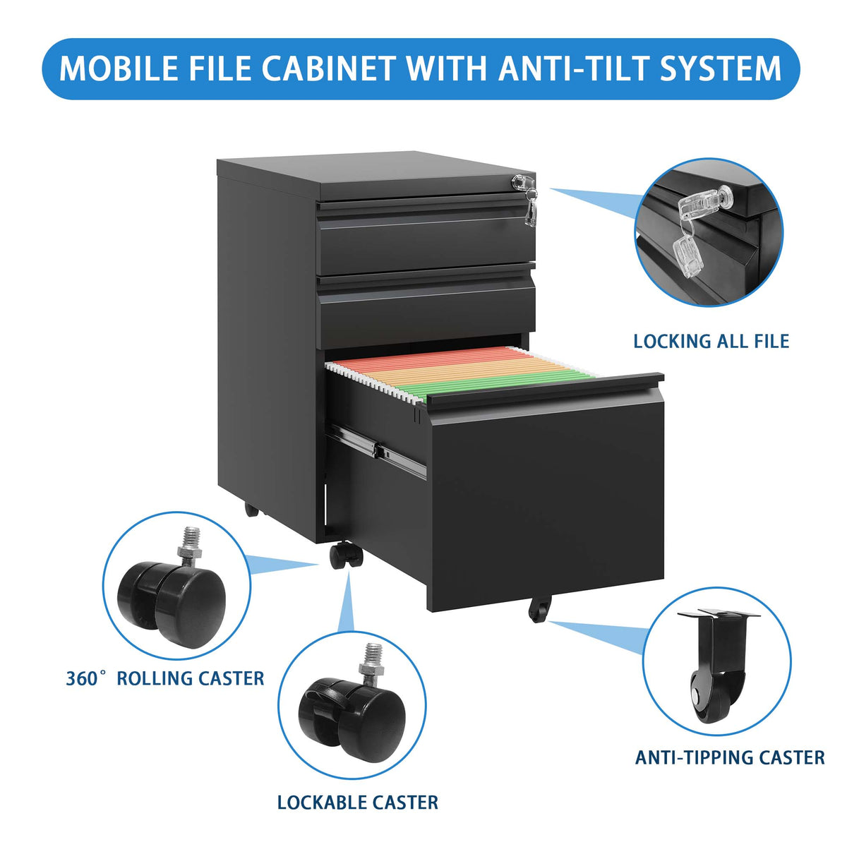 GZMR 3 Drawer File Cabinet Black 3-Drawer 14.57-in File Cabinet