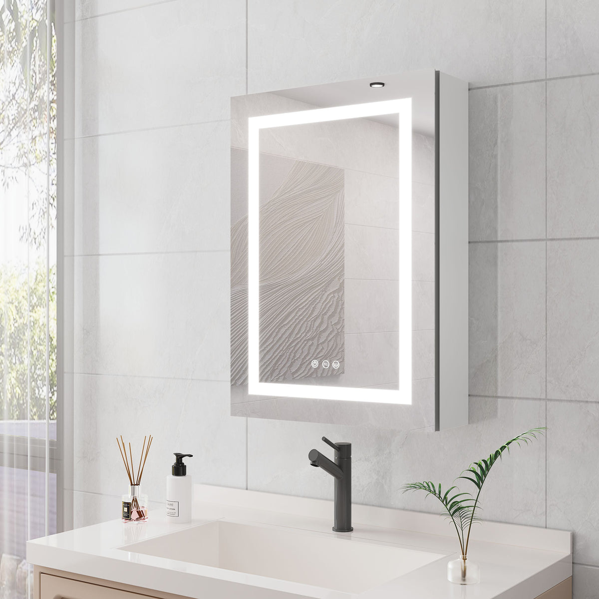 WELLFOR 20-in x 28-in Lighted LED Fog Free Surface Mount Silver Mirrored Soft Close Medicine Cabinet