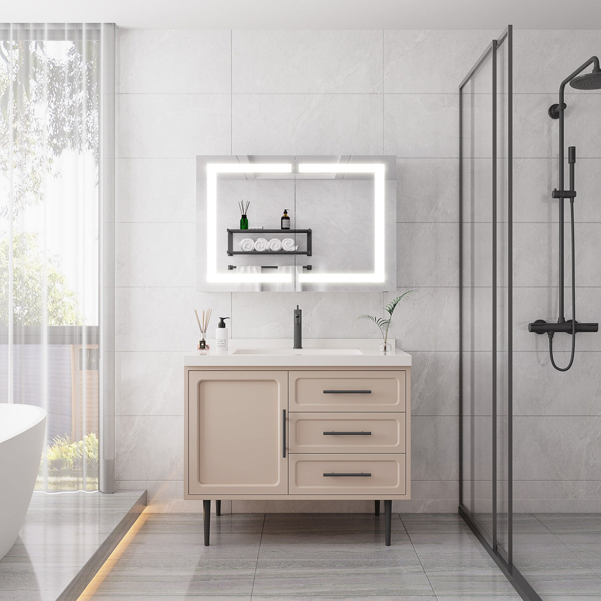 WELLFOR 36-in x 24-in Lighted LED Fog Free Surface Mount Silver Mirrored Soft Close Medicine Cabinet