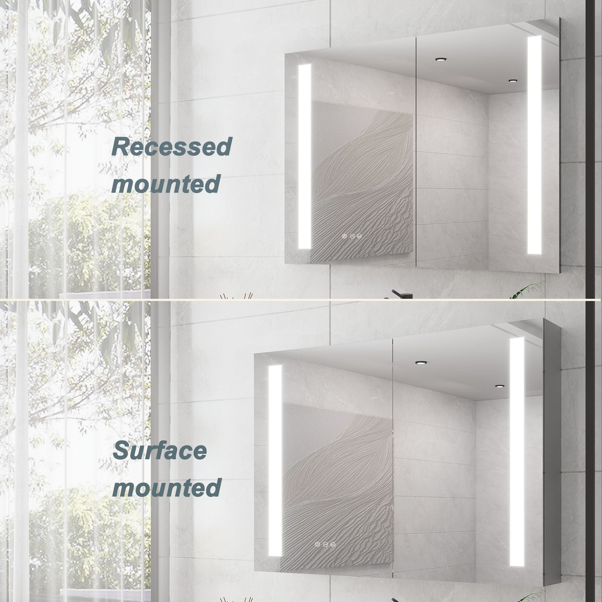WELLFOR 36-in x 30-in Lighted LED Fog Free Surface/Recessed Mount Silver Mirrored Soft Close Medicine Cabinet