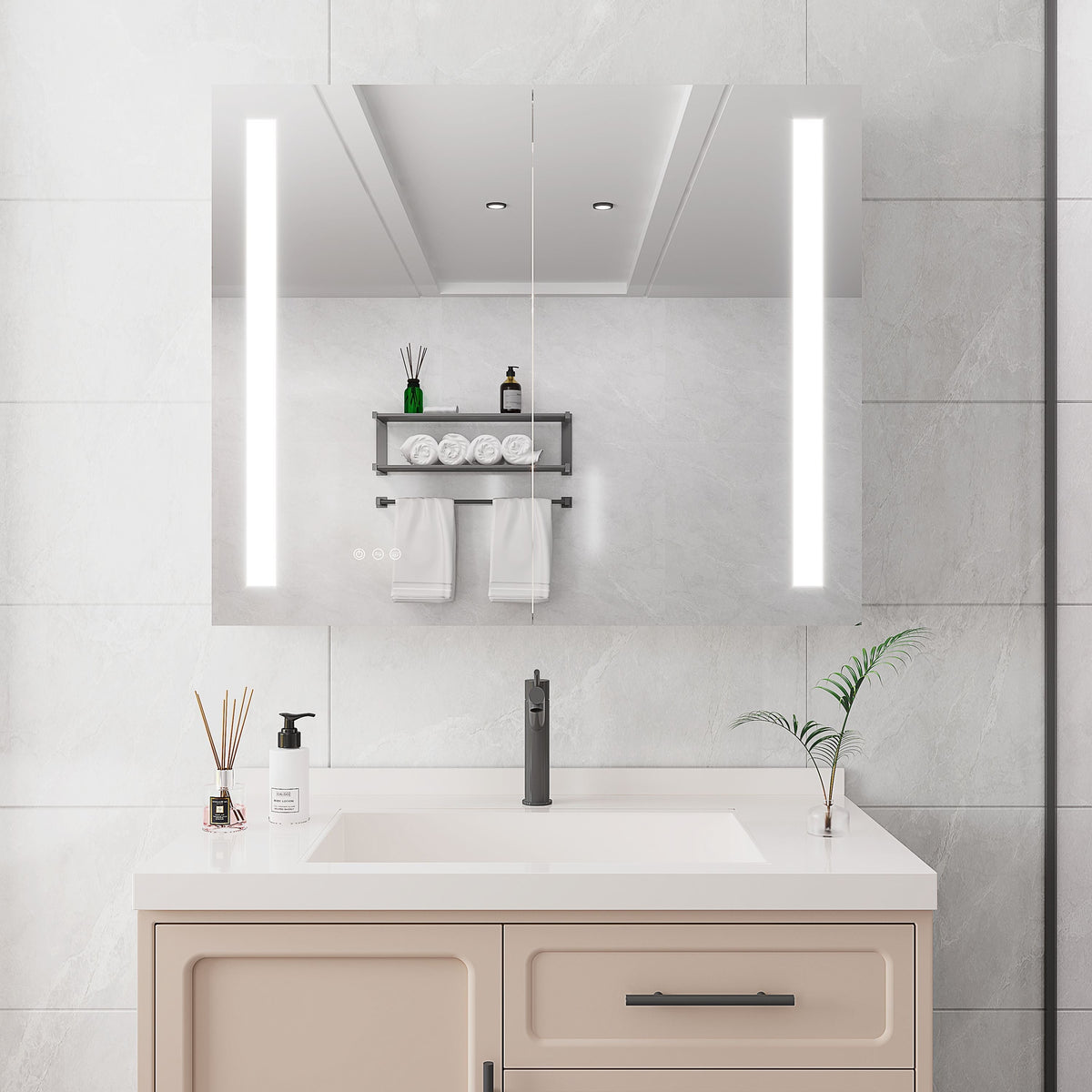 WELLFOR 36-in x 30-in Lighted LED Fog Free Surface/Recessed Mount Silver Mirrored Soft Close Medicine Cabinet