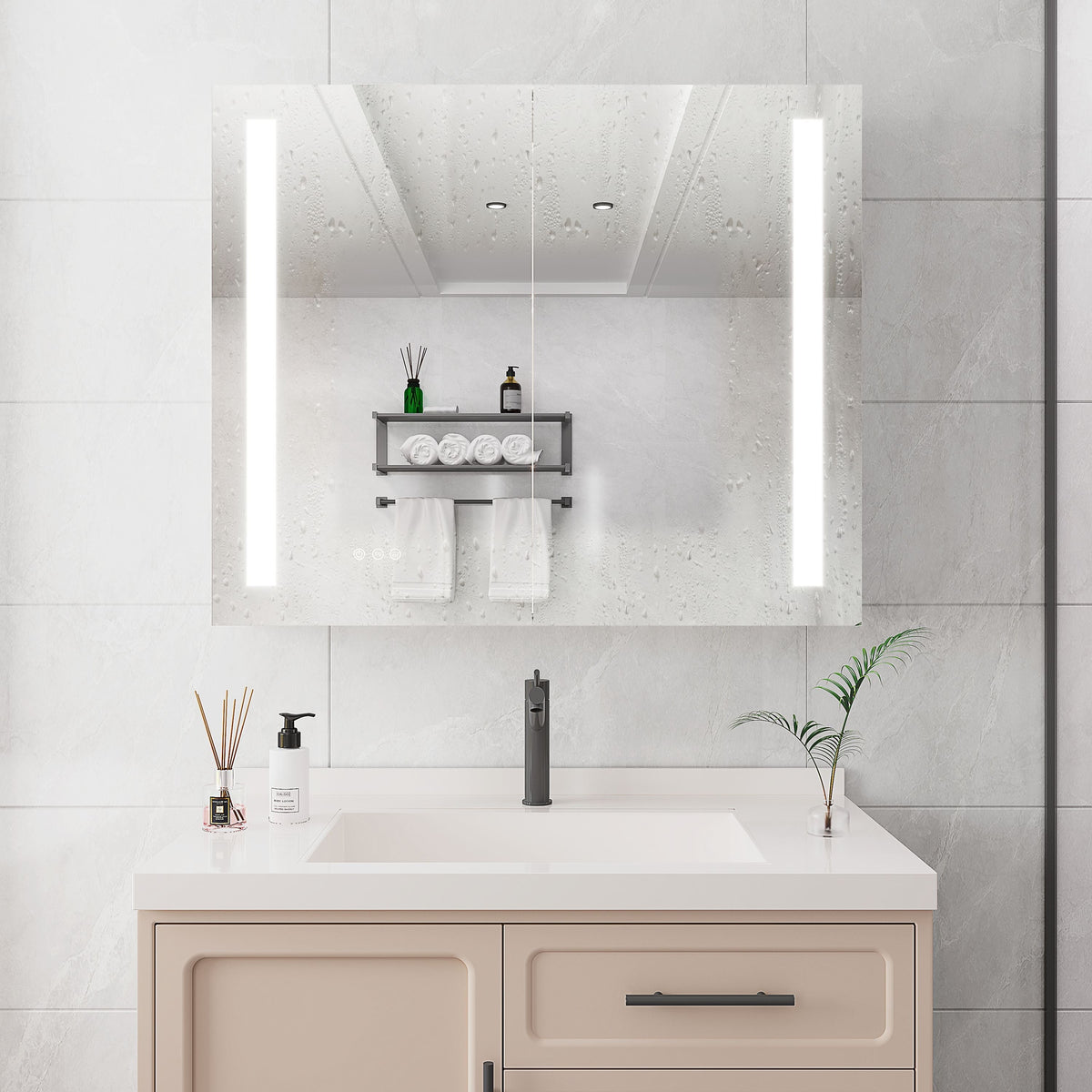 WELLFOR 36-in x 30-in Lighted LED Fog Free Surface/Recessed Mount Silver Mirrored Soft Close Medicine Cabinet