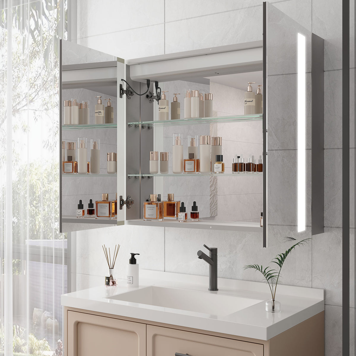 WELLFOR 36-in x 30-in Lighted LED Fog Free Surface/Recessed Mount Silver Mirrored Soft Close Medicine Cabinet