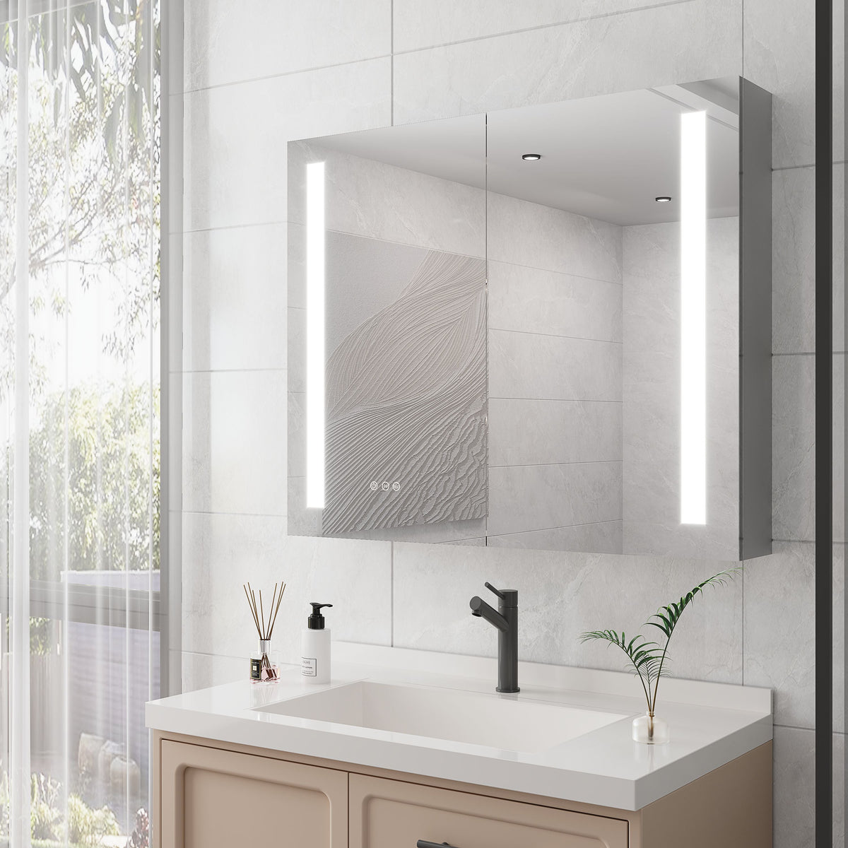 WELLFOR 36-in x 30-in Lighted LED Fog Free Surface/Recessed Mount Silver Mirrored Soft Close Medicine Cabinet