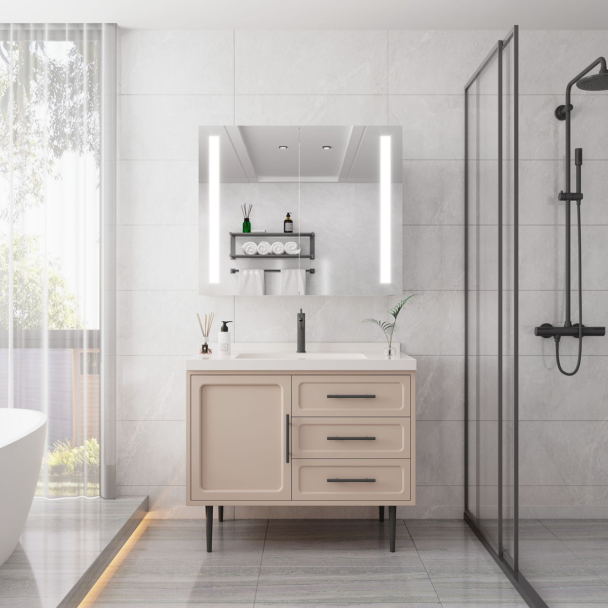 WELLFOR 36-in x 30-in Lighted LED Fog Free Surface/Recessed Mount Silver Mirrored Soft Close Medicine Cabinet