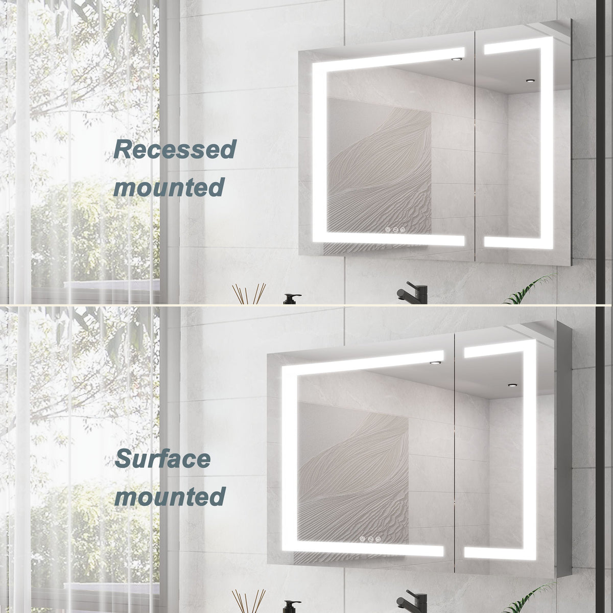 WELLFOR 36-in x 30-in Lighted LED Fog Free Surface Mount Silver Mirrored Soft Close Medicine Cabinet
