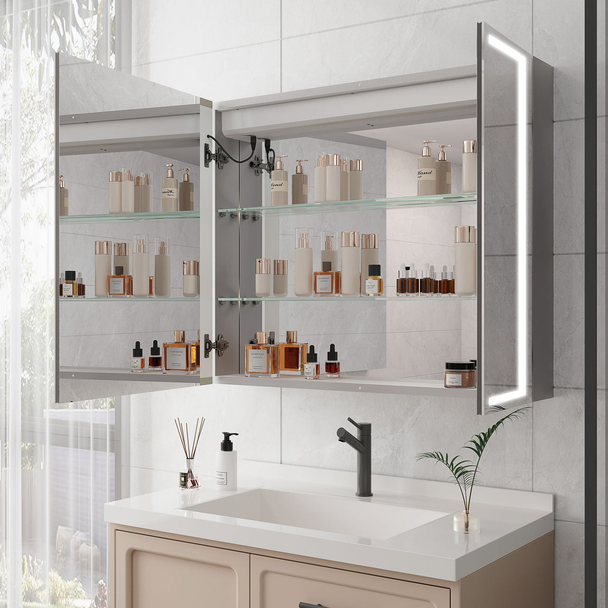 WELLFOR 36-in x 30-in Lighted LED Fog Free Surface Mount Silver Mirrored Soft Close Medicine Cabinet
