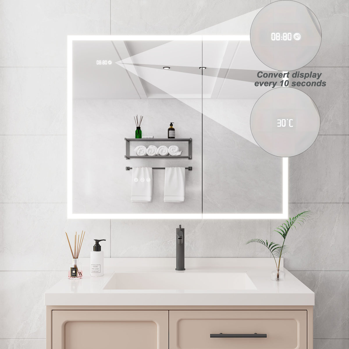 WELLFOR 36-in x 30-in Lighted LED Fog Free Surface Mount Silver Mirrored Soft Close Medicine Cabinet with Outlet