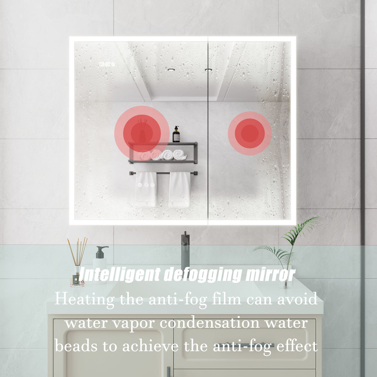 WELLFOR 36-in x 30-in Lighted LED Fog Free Surface Mount Silver Mirrored Soft Close Medicine Cabinet with Outlet