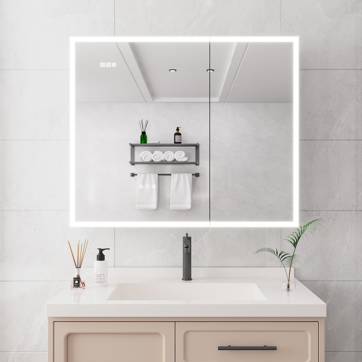 WELLFOR 36-in x 30-in Lighted LED Fog Free Surface Mount Silver Mirrored Soft Close Medicine Cabinet with Outlet