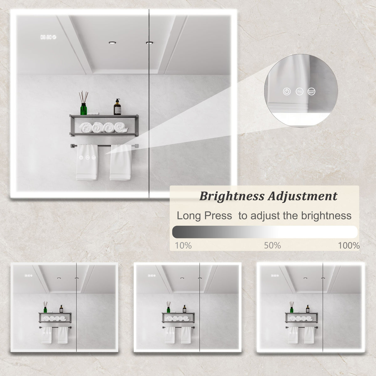 WELLFOR 36-in x 30-in Lighted LED Fog Free Surface Mount Silver Mirrored Soft Close Medicine Cabinet with Outlet