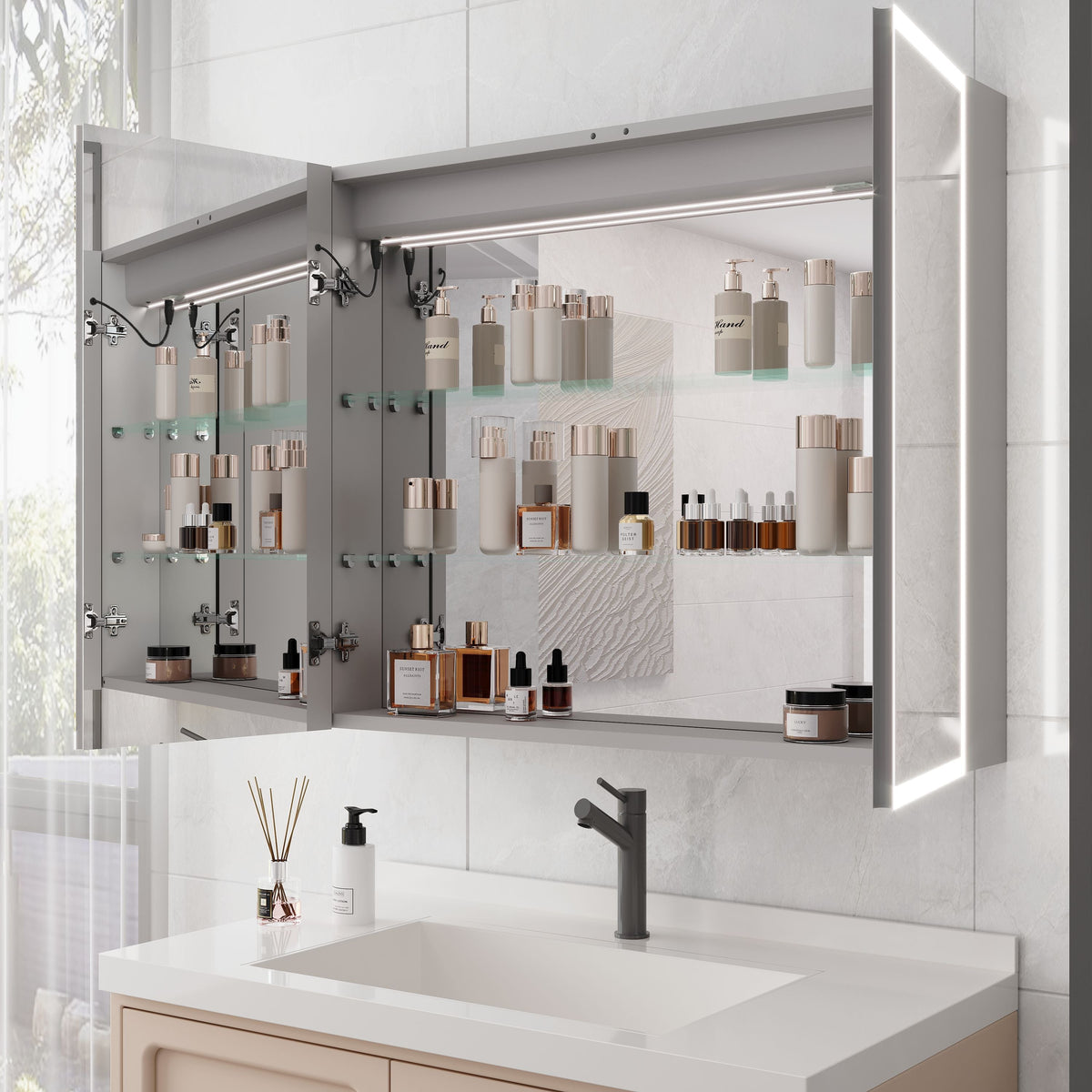 WELLFOR 36-in x 30-in Lighted LED Fog Free Surface Mount Silver Mirrored Soft Close Medicine Cabinet with Outlet