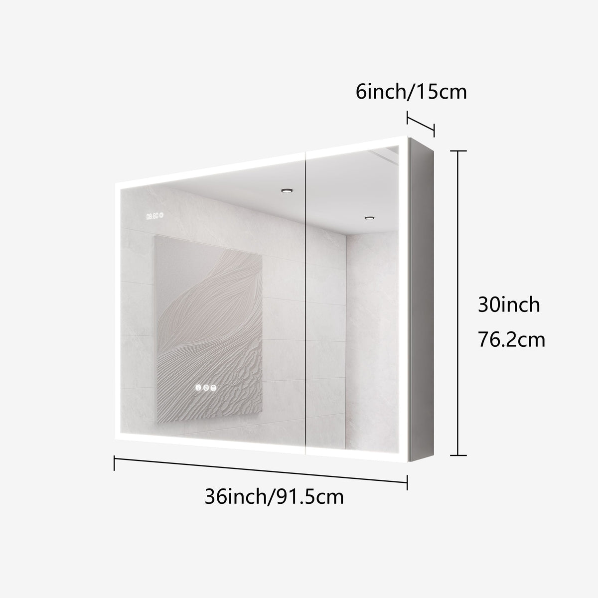 WELLFOR 36-in x 30-in Lighted LED Fog Free Surface Mount Silver Mirrored Soft Close Medicine Cabinet with Outlet