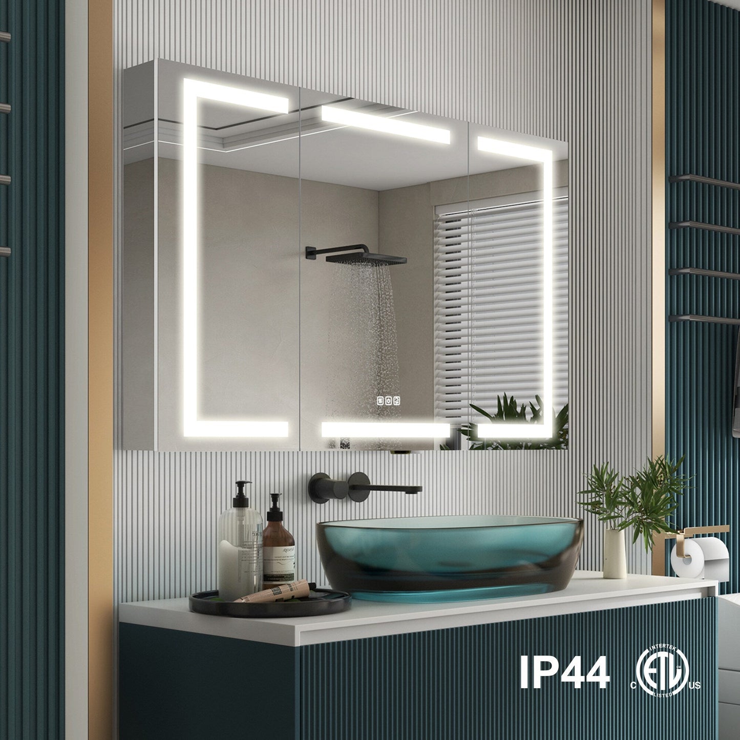 Forclover 48-in x 30-in Lighted LED Fog Free Surface/Recessed Mount Silver Mirrored Soft Close Medicine Cabinet with Outlet