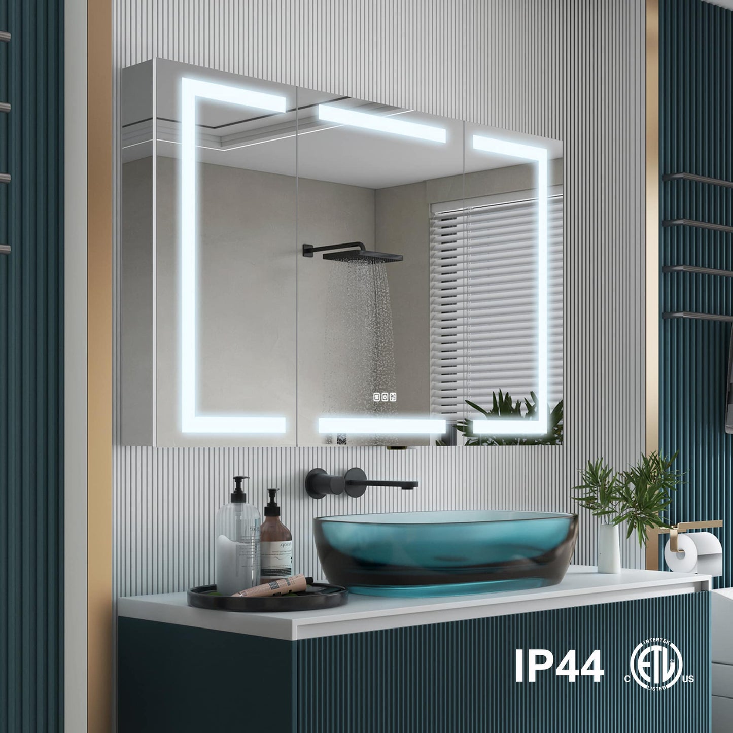 Forclover 48-in x 30-in Lighted LED Fog Free Surface/Recessed Mount Silver Mirrored Soft Close Medicine Cabinet with Outlet