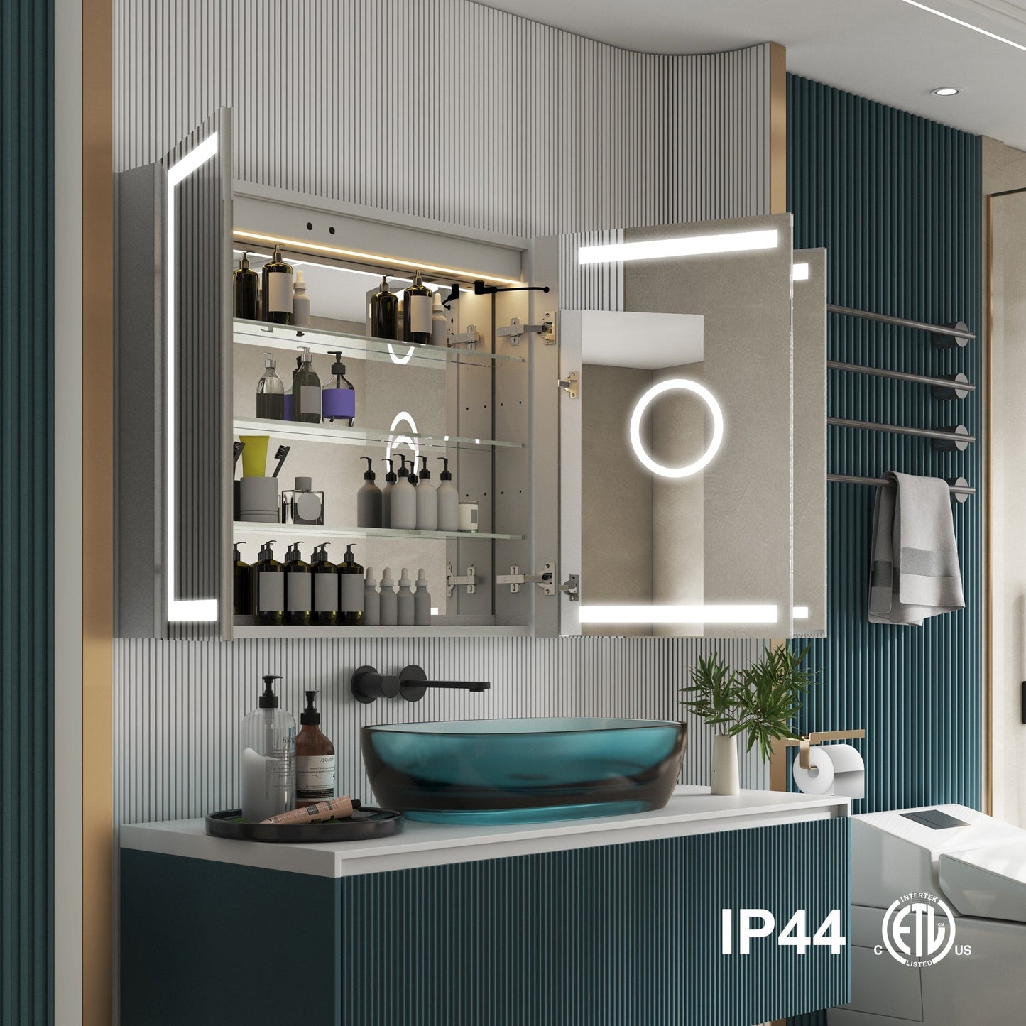 Forclover 48-in x 30-in Lighted LED Fog Free Surface/Recessed Mount Silver Mirrored Soft Close Medicine Cabinet with Outlet