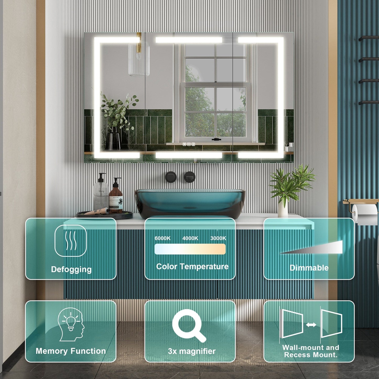 Forclover 48-in x 30-in Lighted LED Fog Free Surface/Recessed Mount Silver Mirrored Soft Close Medicine Cabinet with Outlet