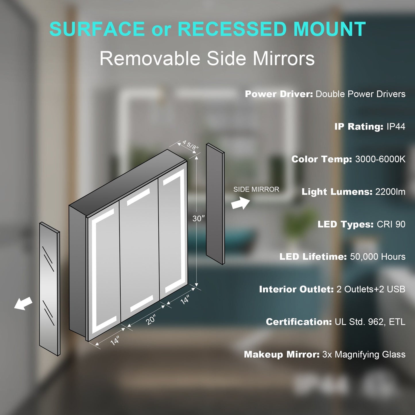 Forclover 48-in x 30-in Lighted LED Fog Free Surface/Recessed Mount Silver Mirrored Soft Close Medicine Cabinet with Outlet