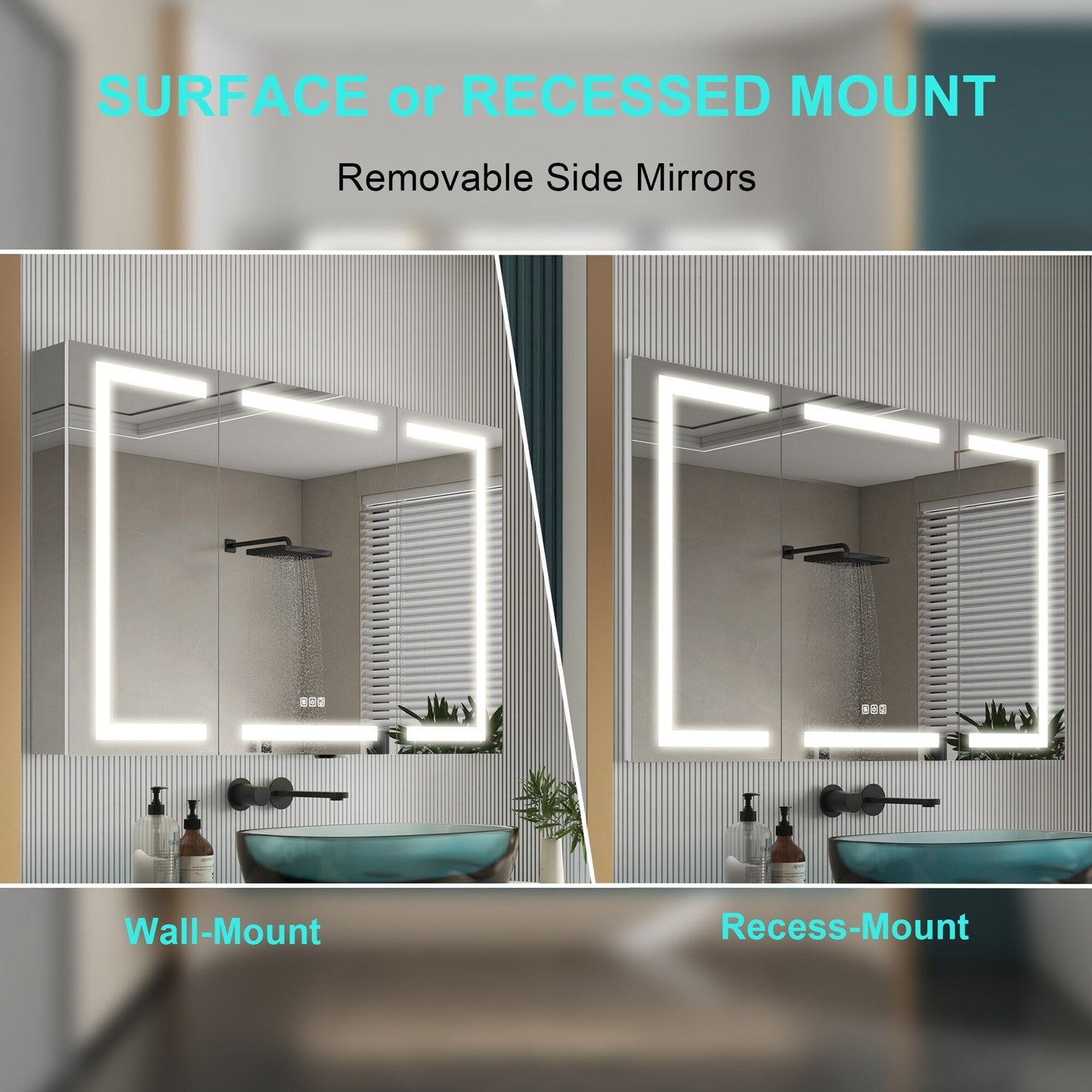 Forclover 48-in x 30-in Lighted LED Fog Free Surface/Recessed Mount Silver Mirrored Soft Close Medicine Cabinet with Outlet