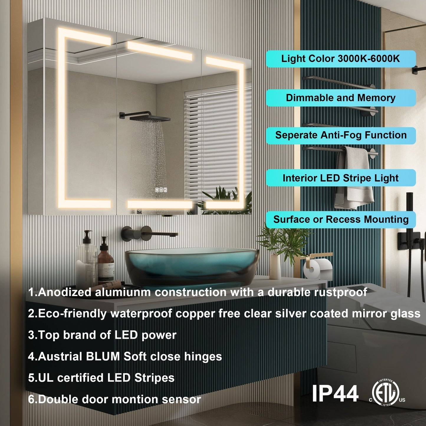 Forclover 48-in x 30-in Lighted LED Fog Free Surface/Recessed Mount Silver Mirrored Soft Close Medicine Cabinet with Outlet