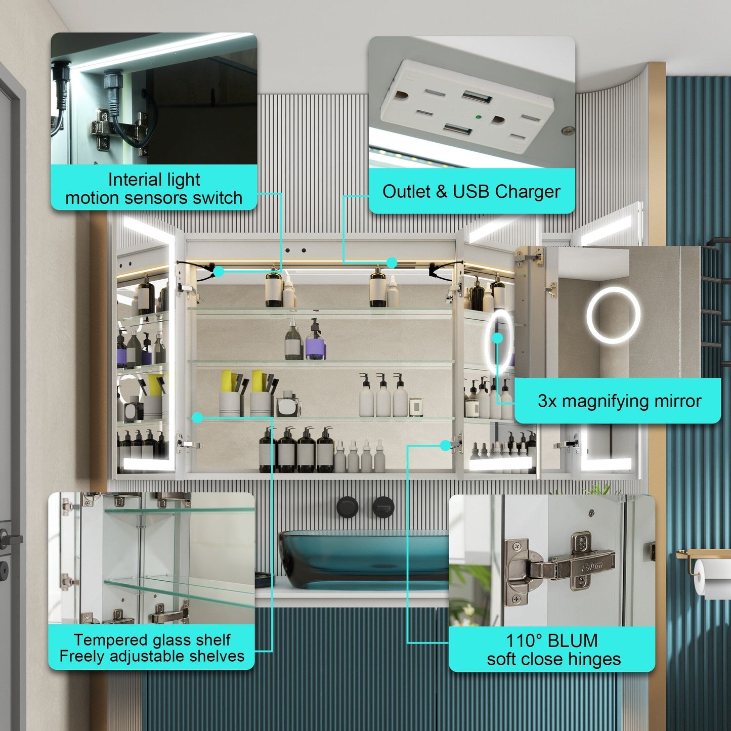 Forclover 48-in x 30-in Lighted LED Fog Free Surface/Recessed Mount Silver Mirrored Soft Close Medicine Cabinet with Outlet