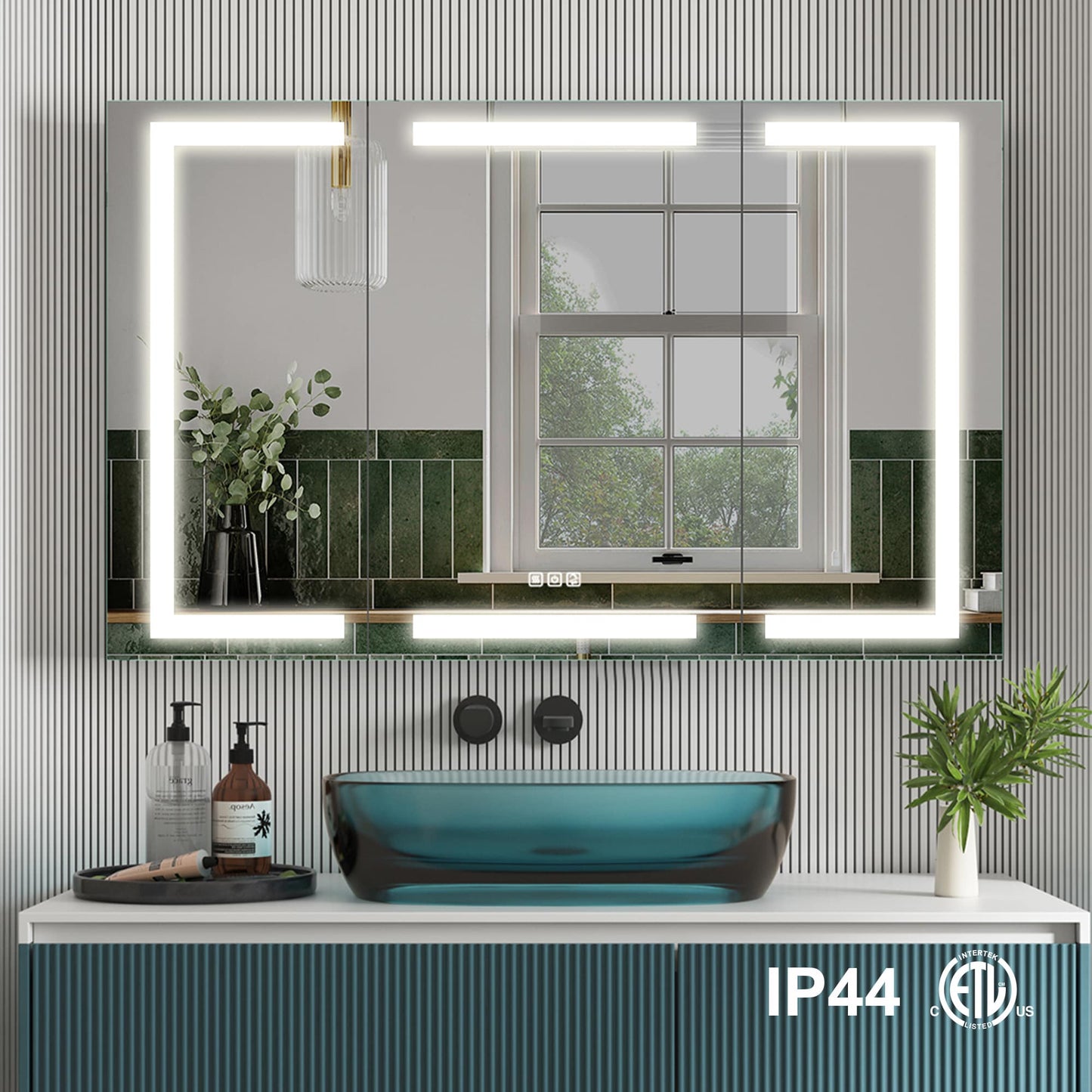 Forclover 48-in x 30-in Lighted LED Fog Free Surface/Recessed Mount Silver Mirrored Soft Close Medicine Cabinet with Outlet