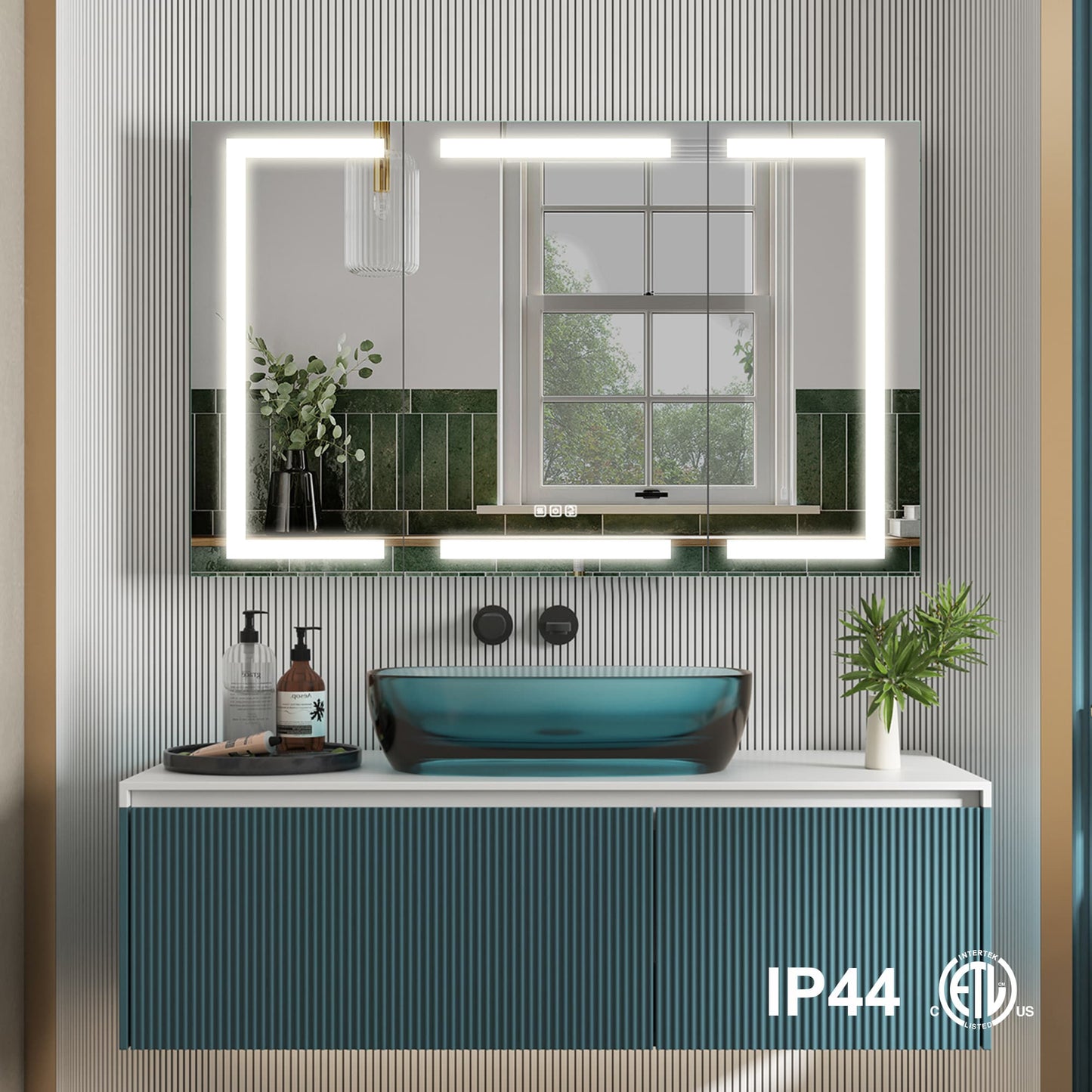 Forclover 48-in x 30-in Lighted LED Fog Free Surface/Recessed Mount Silver Mirrored Soft Close Medicine Cabinet with Outlet