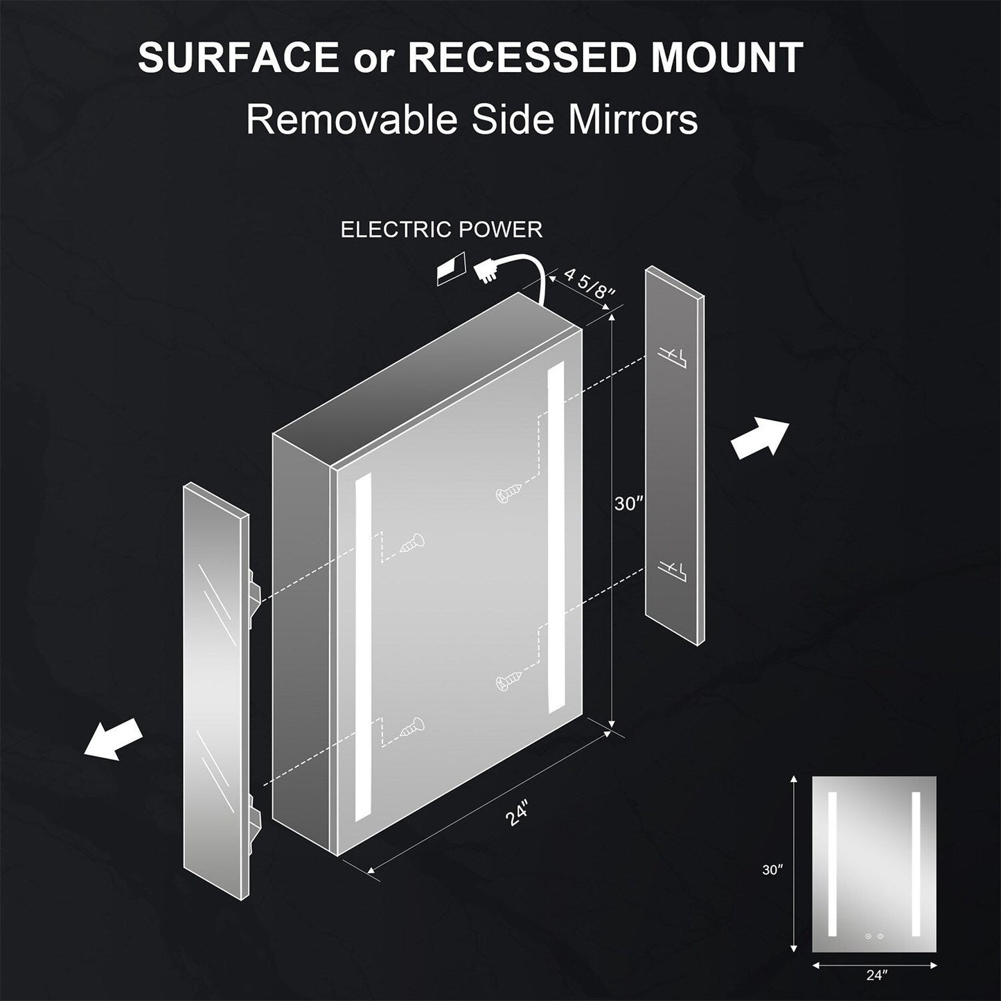 Forclover 24-in x 30-in Lighted LED Fog Free Surface/Recessed Mount Silver Mirrored Soft Close Medicine Cabinet with Outlet