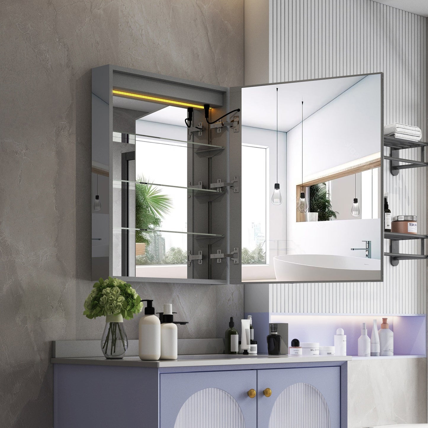 Forclover 24-in x 30-in Lighted LED Fog Free Surface/Recessed Mount Silver Mirrored Soft Close Medicine Cabinet with Outlet