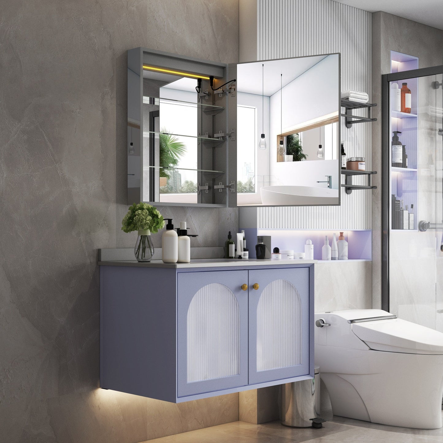 Forclover 24-in x 30-in Lighted LED Fog Free Surface/Recessed Mount Silver Mirrored Soft Close Medicine Cabinet with Outlet
